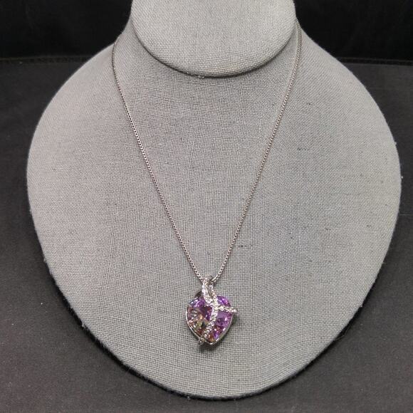 Crystal Pink Heart Pendant Necklace, Chain 18", AB Rhinestones, 18KGP, 18 Inch - Picture 3 of 8
